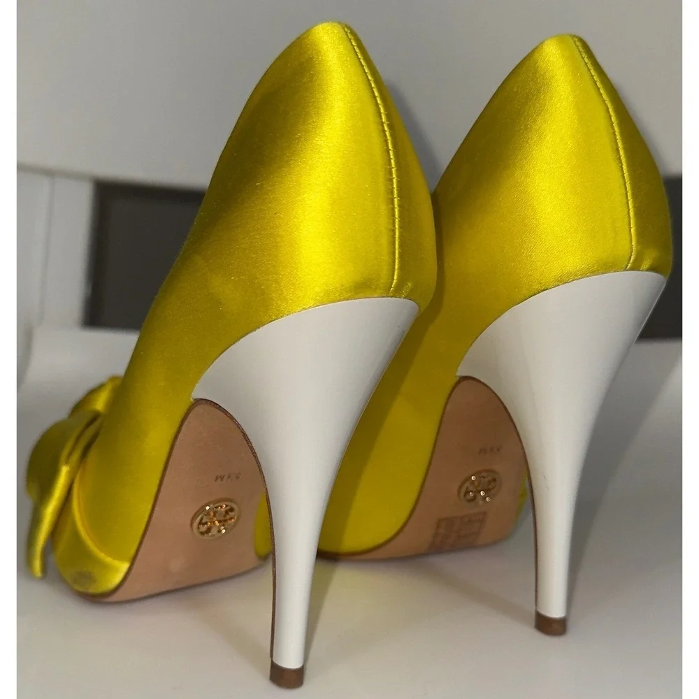 Tory‎ Burch Yellow Satin Bow Pointed Toe Pumps White Stiletto Heels Womens 5.5
